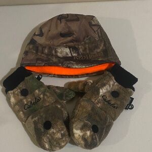 Cabela's Kids Camo Hat and Mittens with Orange Lining